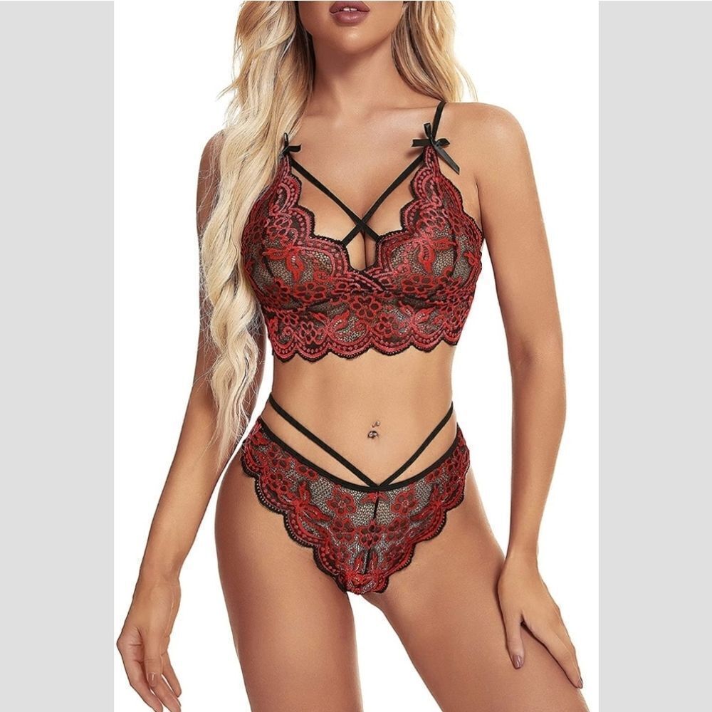 🔥 Sexy Red & Black Lingerie Set Bra & Panties - Picture 2 of 7